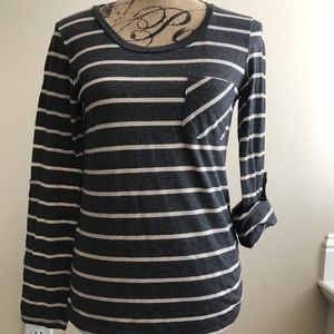 Cream and gray stripe tee with adjustable sleeves